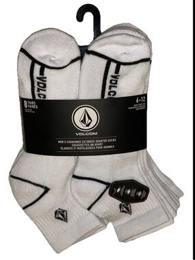 Volcom Quarter Socks 8 Pair Men 6-12 White w Black Logos Ride Board NEW! Cushion